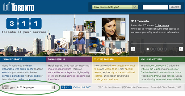 Google Translate menu available at the bottom of the toronto.ca homepage