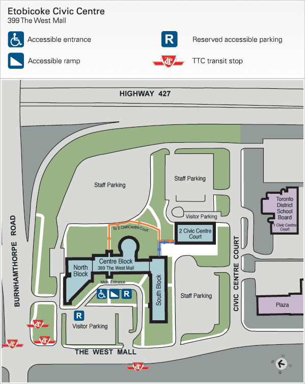 Etobicoke Civic Centre, 399 The West Mall. The primary accessible entrance to Etobicoke Civic Centre is the main entrance, which is fully accessible. There is a ramp that runs south from the main entrance, west side. There is an intercom at the main door that can be used to contact the Security Desk for assistance. The ramp ends at two accessible parking spots. There are four additional accessible parking spots in the visitor's parking lot.