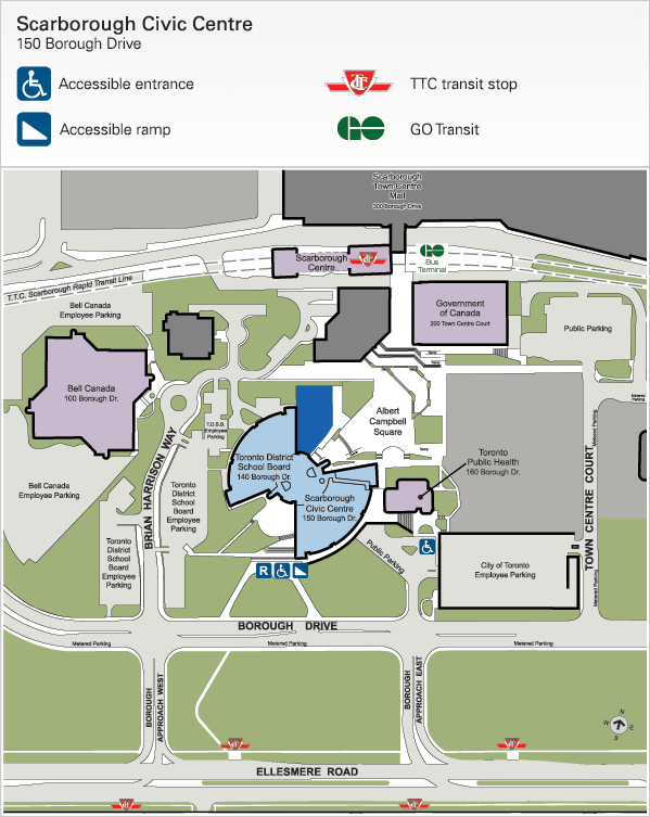 Scarborough Civic Centre, 150 Borough Drive. The primary accessible entrance to Scarborough Civic Centre is from the fully accessible ramp located directly to the right of the main entrance. This ramp is accessible from the Bicentennial Drive entrance (entrance off Borough Drive directly in front of Scarborough Civic Centre). The Health Centre also serves as an alternate fully accessible entrance. There are three reserved accessible parking spots at the top of the accessible ramp.