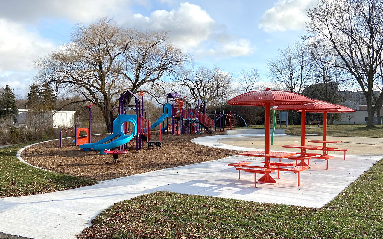 The playground and splash pad at Stephen Leacock Park. 