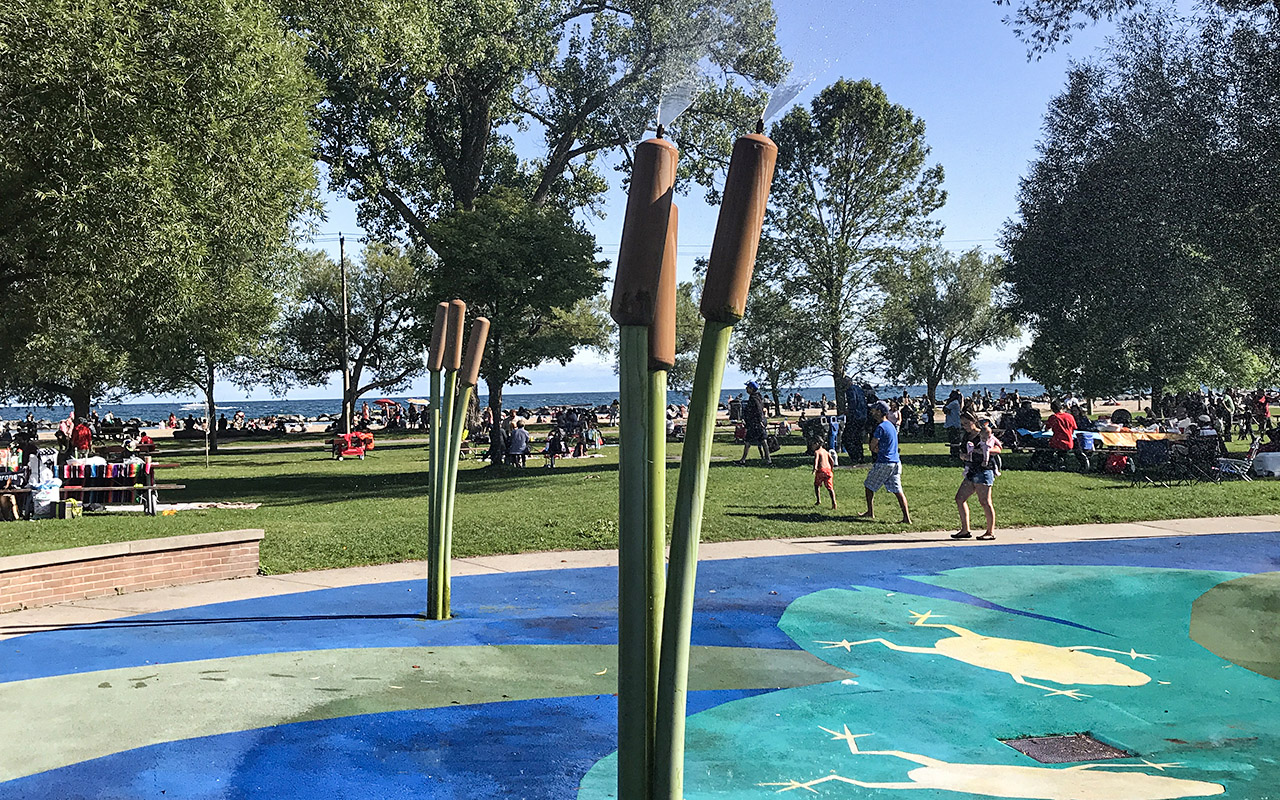 Splash pad on Centre Island beside the children's playground.