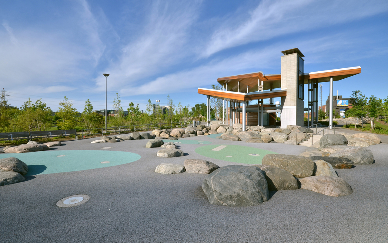 The children's splash pad and pavilion at Corktown Common.