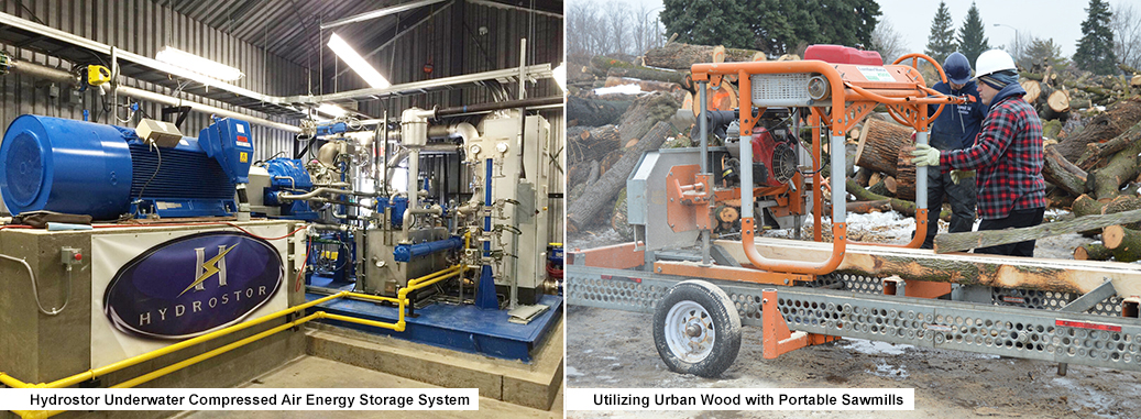 Images of 1) a Hydrostor Underwater Compressed Air Energy Storage System 2) a portable sawmill that is utilizing urban wood