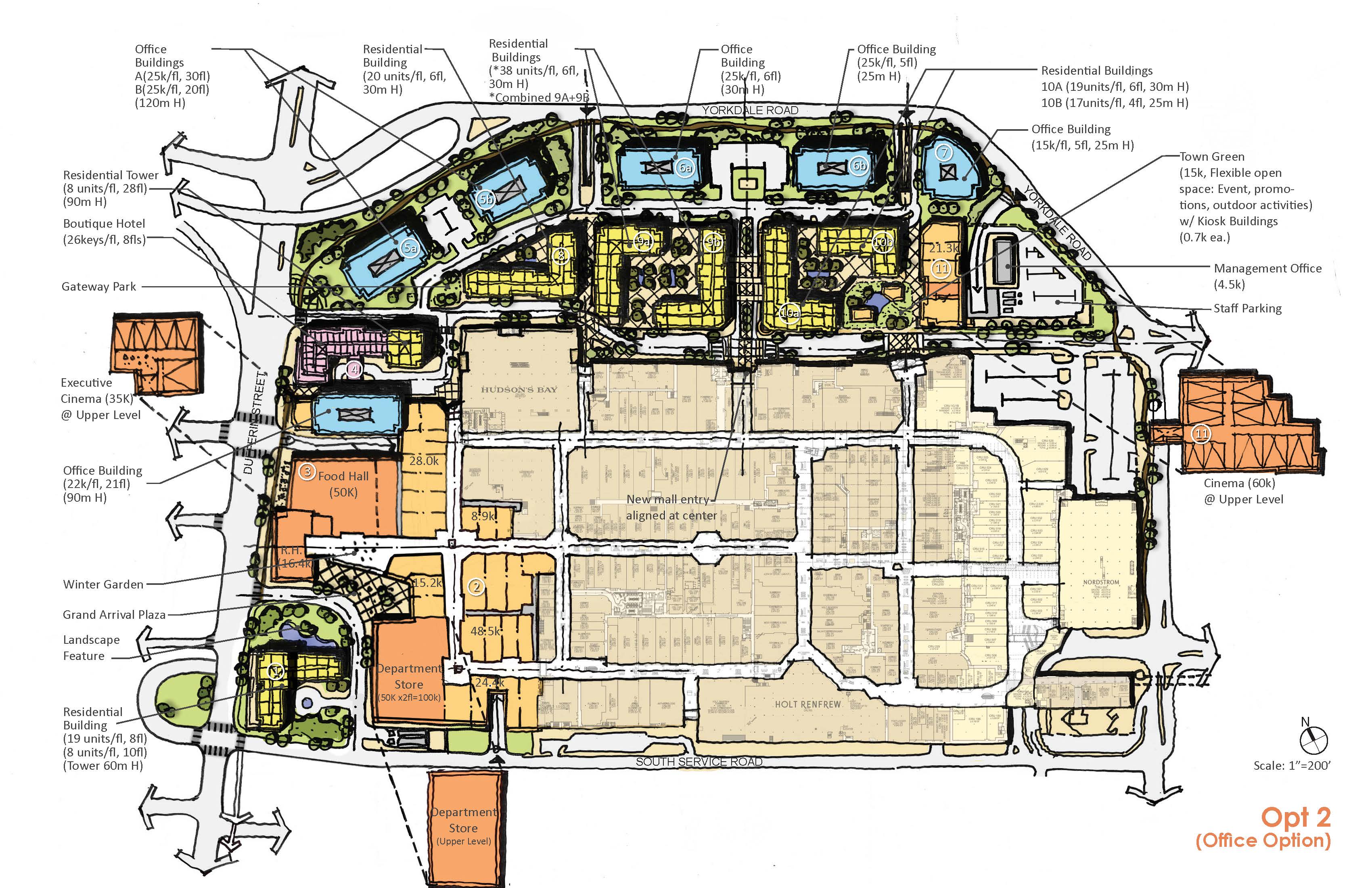 plan showing option two of the development proposal for Yorkdale Block, showing retail, hotel, office and residential spaces