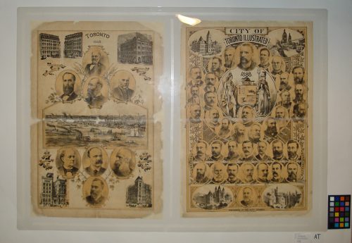 Torn front and back cover of Toronto Illustrated, 1888, have been patched with Japanese paper, and show engravings of men, tall buildings, and sailboats and steamships on Toronto Bay.