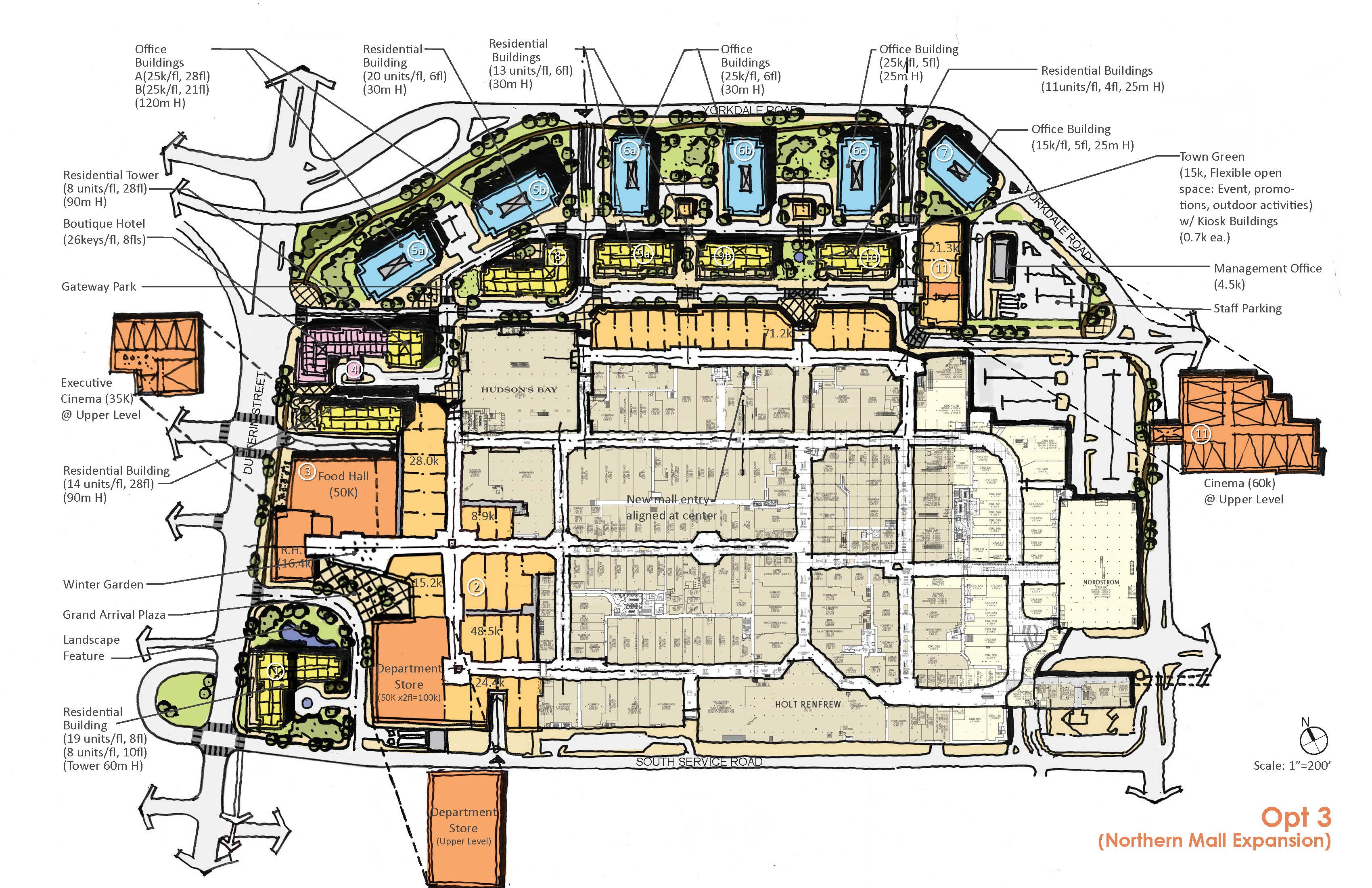 plan showing option three of the development proposal for Yorkdale Block, showing retail, hotel, office and residential spaces