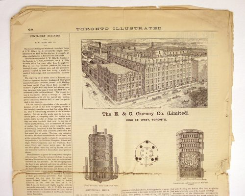 Torn page from Toronto Illustrated, 1888 shows engraving of Gurney Co.'s large brick factory on King Street West.