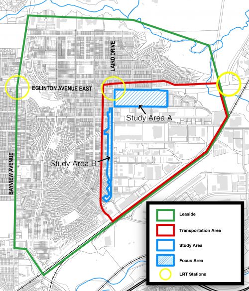 map showing Laird area outlined and hashed in blue and Leaside area outlined in green, LRT stations marked with yellow circles and the Transportation area outlined in red
