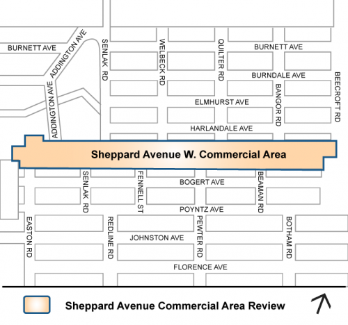 Map showing the study area along Sheppard Avenue West between Easton Road and Beecroft Road