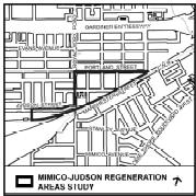 Mimico-Judson Regeneration Area outlined on a key map around Willowbrook road, the rail line, portland street and royal york road.