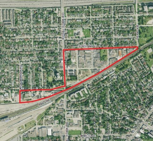 birds' eye view map of the Mimico-Judson Study Area outlined in red around Willowbrook road, the rail line, portland street and royal york road.