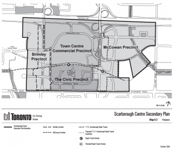 map showing the Scarborough Centre study area including the Brimley Precinct, Civic Precinct, McCowan Precinct and Town Centre Commercial Precinct