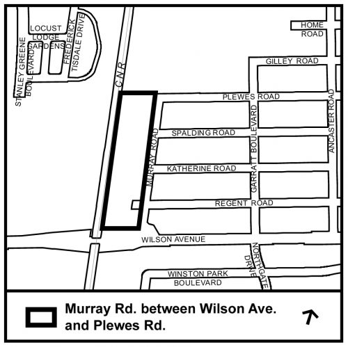 black and white map showing the Murray Road area between Wilson Avenue and Plewes Road