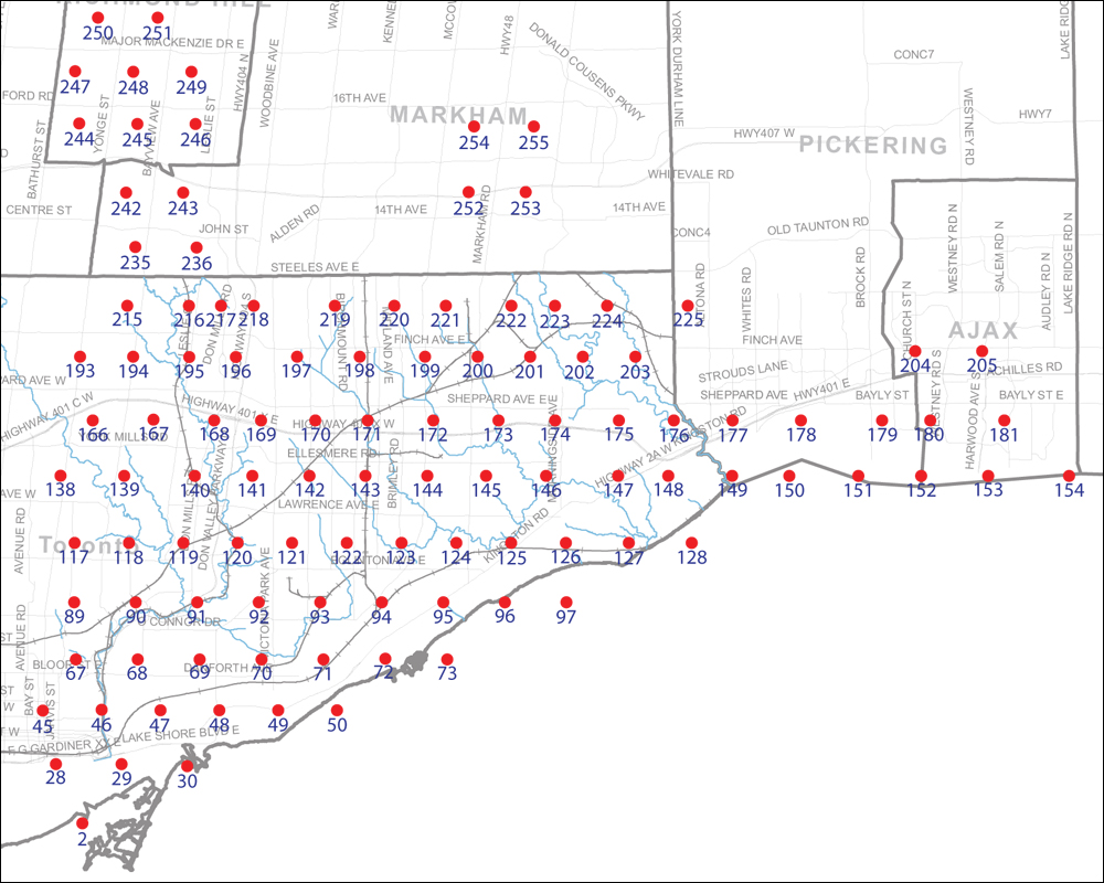 An index map of the area covered by the municipalities of Richmond Hill, Markham, Pickering, Ajax and Toronto east of Yonge Street, linking to high-resolution scanned aerial photographs.