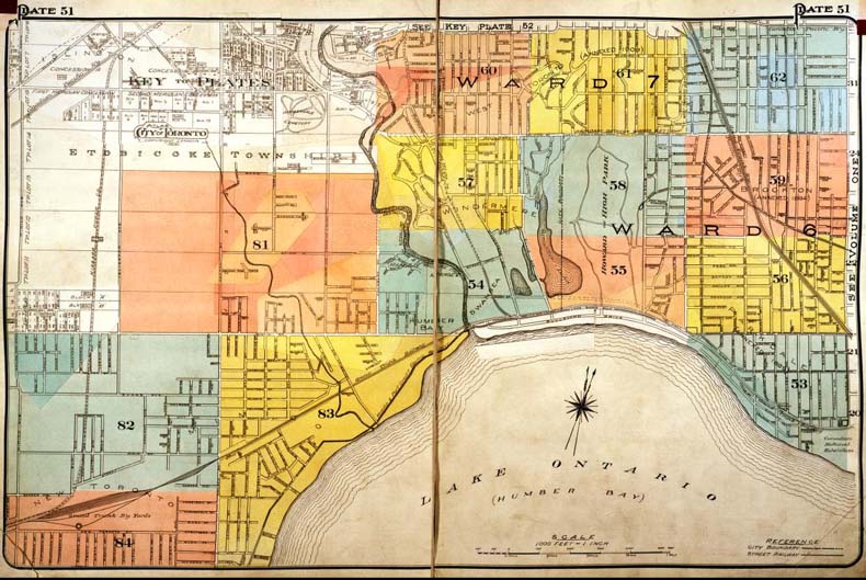 A colour index map of the area bounded by Annette Street to the north, Kipling Avenue to the west, Lake Ontario to the south and Dufferin Street to the east, linking to high-resolution scanned fire insurance plans.