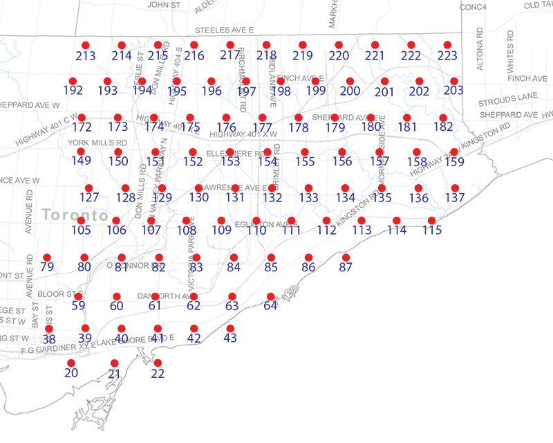 An index map of the area covered by the municipality of Toronto east of Yonge Street, linking to high-resolution scanned aerial photographs.