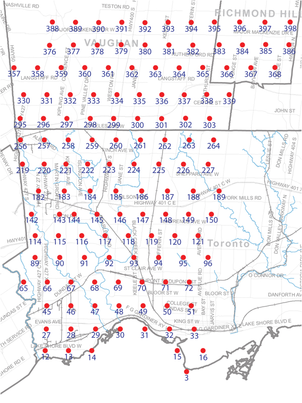 An index map of the area covered by the municipalities of Vaughan, Richmond Hill and Toronto west of Yonge Street, linking to high-resolution scanned aerial photographs.