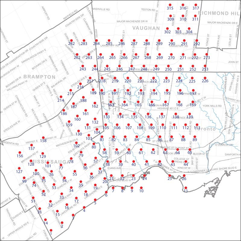An index map of the area covered by the municipalities of Mississauga, Vaughan and Toronto west of Yonge Street, linking to high-resolution scanned aerial photographs.