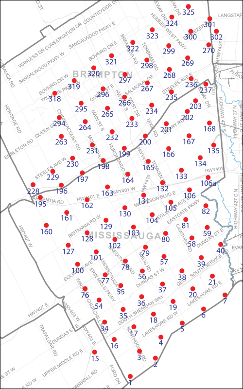 An index map of the area covered by the municipalities of Mississauga and Brampton, linking to high-resolution scanned aerial photographs.