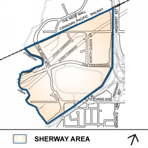 Sherway Study Area Map showing the boundaries of Highway 27, Q.E.W, Canadian Pacific Railway and Etobicoke Creek