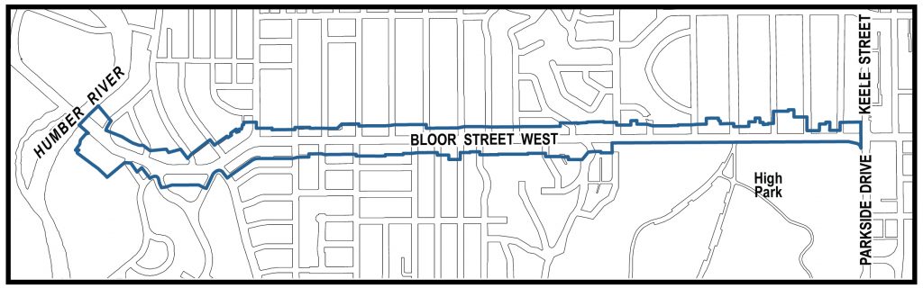 Map showing study area boundary including all properties fronting Bloor Street West from Keele Street to the Humber River