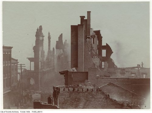 Looking south-east down Bay Street from the top floor of a building, showing the ruins of the Wyld-Darling and other buildings.