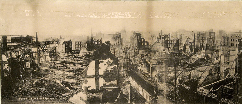 A panorama of the ruins, taken from high in a building.