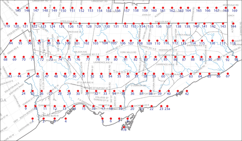 An index map of the City of Toronto bounded by Etobicoke Creek to the west, Steeles Avenue to the north, the Rouge River to the east and Lake Ontario to the south, linking to high-resolution scanned aerial photographs.