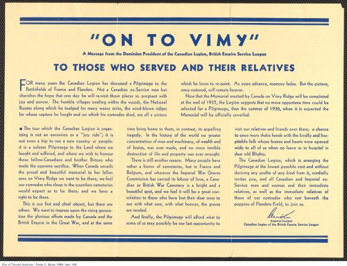 Official Piligrimage to Vimy and the Battlefields pamphlet, 1934, reverse side