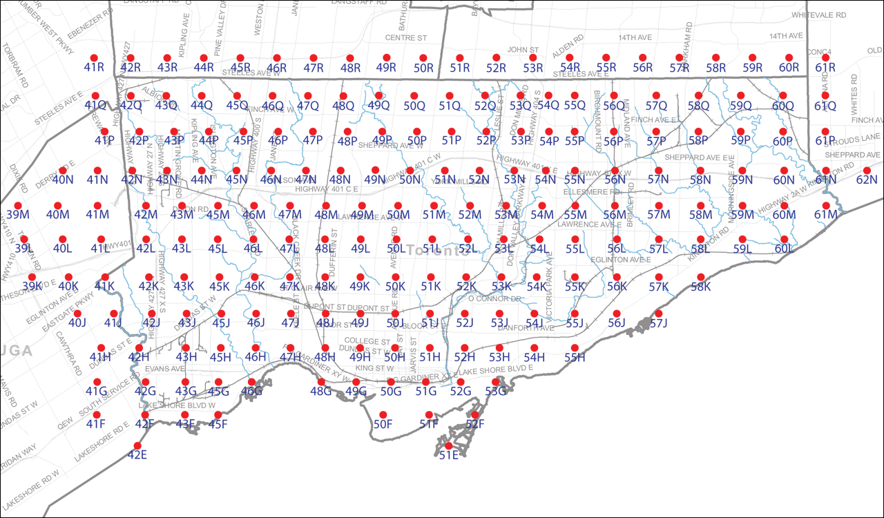 An index map of the City of Toronto bounded by Etobicoke Creek to the west, Steeles Avenue to the north, the Rouge River to the east and Lake Ontario to the south, linking to high-resolution scanned aerial photographs.