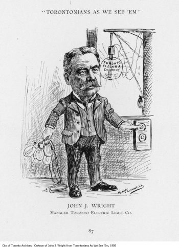 Caricature of businessman with hand full of light bulbs and one finger on a button