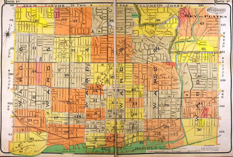 A colour index map of the area bounded by St Clair Avenue to the north, Dufferin Street to the west, Lake Ontario to the south and Leslie Street to the east, linking to high-resolution scanned fire insurance plans.