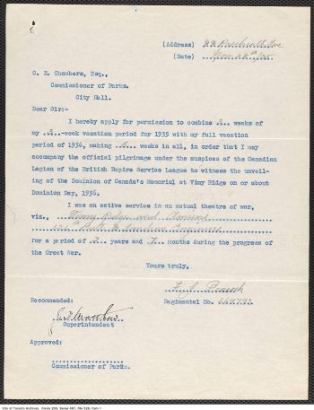 Parks Department staff vacation request for the Vimy pilgrimage, 1935