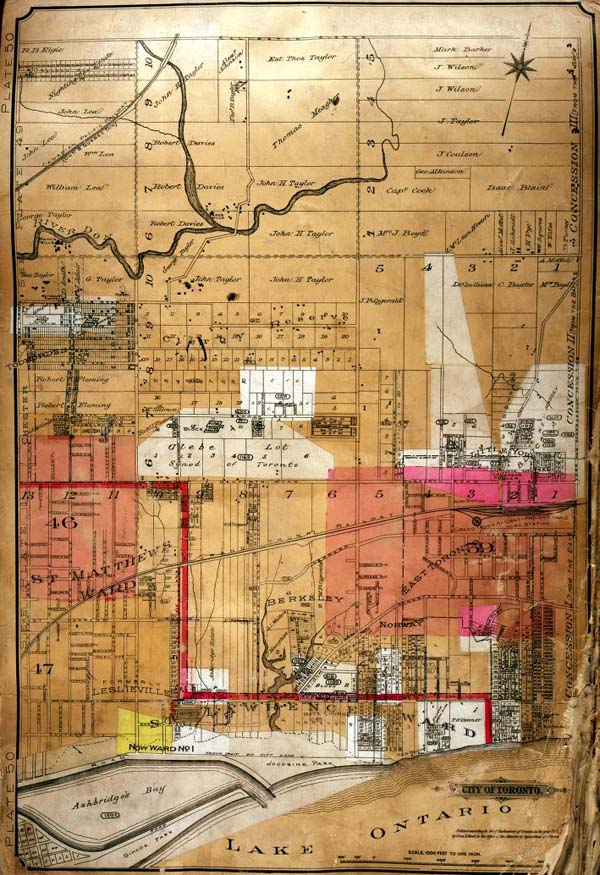 A colour index map of the area bounded by Eglinton Avenue to the north, the Don River to the west, Lake Ontario to the south and Victoria Park Avenue to the east, linking to high-resolution scanned fire insurance plans.