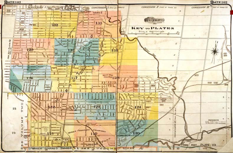 A colour index map of the area bounded by Lawrence Avenue to the north, Bathurst Street to the west, St Clair Avenue to the south and Victoria Park Avenue to the east, linking to high-resolution scanned fire insurance plans.