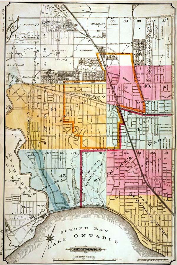 A colour index map of the area bounded by St Clair Avenue to the north, the Humber River to the west, Lake Ontario to the south and Dufferin Street to the east, linking to high-resolution scanned fire insurance plans in colour.