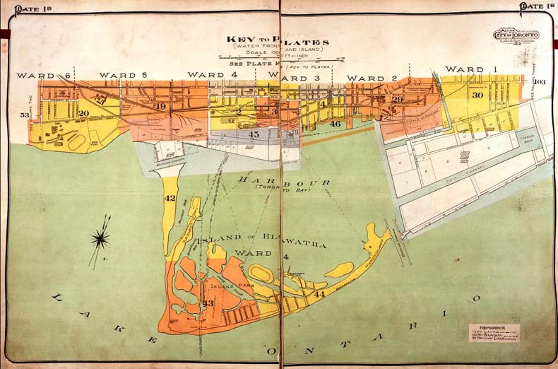 A colour index map of the area bounded by Richmond Street to the north, Dufferin Street to the west, Toronto Islands and Lake Ontario to the south and Pape Avenue to the east, linking to high-resolution scanned fire insurance plans.