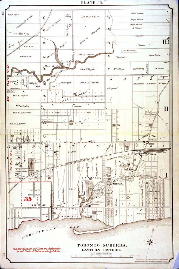 A monochrome index map of the area bounded by St Clair Avenue to the north, the Don River to the west, Lake Ontario to the south and Victoria Park Avenue to the east, linking to high-resolution scanned fire insurance plans.