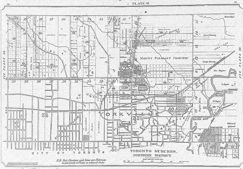 A monochrome index map of the area bounded by St Clair Avenue to the north, Dufferin Street to the west, Bloor Street to the south and the Don River to the east, linking to high-resolution scanned fire insurance plans.