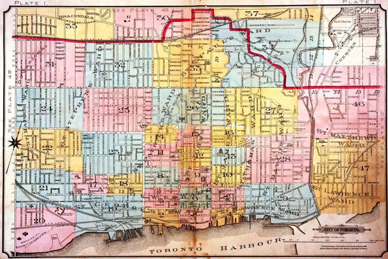 A colour index map of the area bounded by St Clair Avenue to the north, Dufferin Street to the west, Lake Ontario to the south and Leslie Street to the east, linking to high-resolution scanned fire insurance plans.