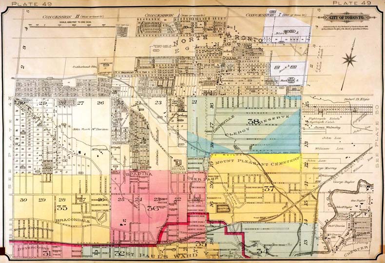 A colour index map of the area bounded by Eglinton Avenue to the north, Dufferin Street to the west, Bloor Street to the south and the Don River to the east, linking to high-resolution scanned fire insurance plans.