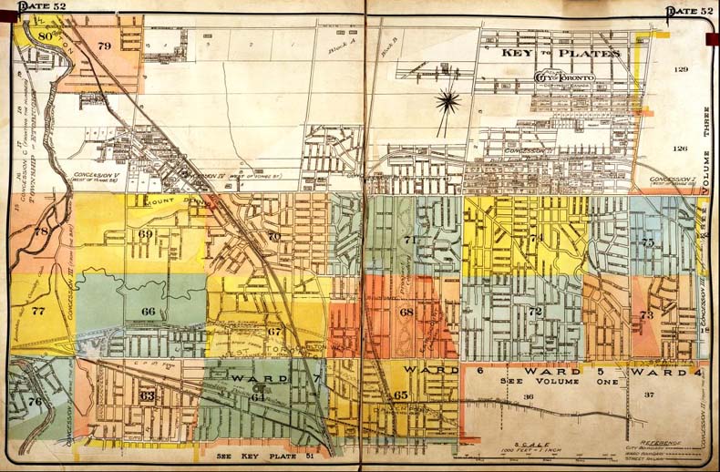 A colour index map of the area bounded by Lawrence Avenue to the north, the Humber River to the west, Annette Street to the south and Bathurst Street to the east, linking to high-resolution scanned fire insurance plans.