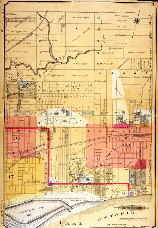 A colour index map of the area bounded by Eglinton Avenue to the north, the Don River to the west, Lake Ontario to the south and Victoria Park Avenue to the east, linking to high-resolution scanned fire insurance plans.