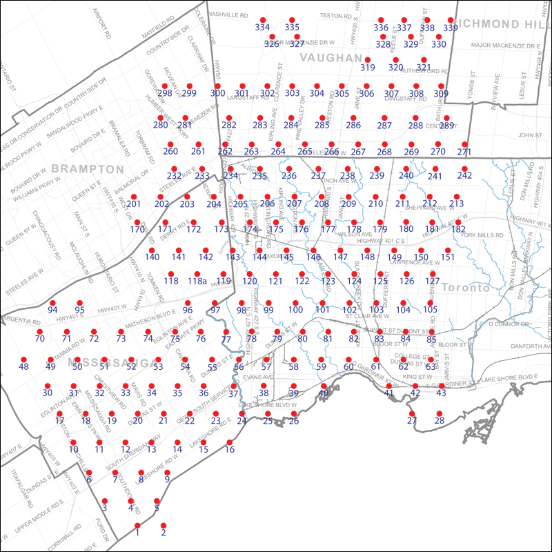 An index map of the area covered by the municipalities of Mississauga, Brampton, Vaughan and Toronto west of Yonge Street, linking to high-resolution scanned aerial photographs.