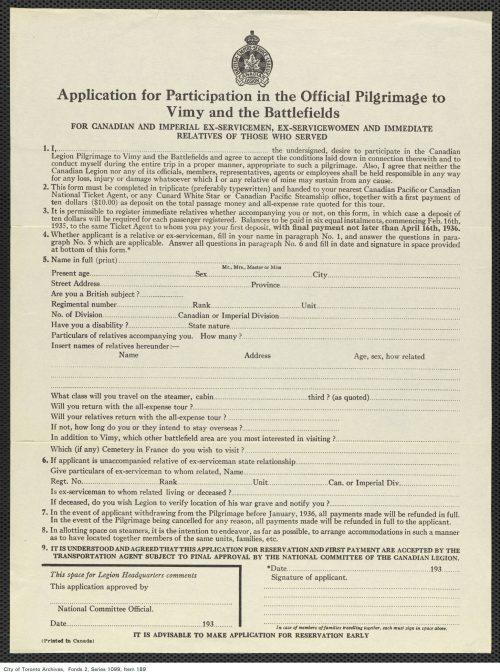 Application form for City staff to participate in Vimy pilgrimage