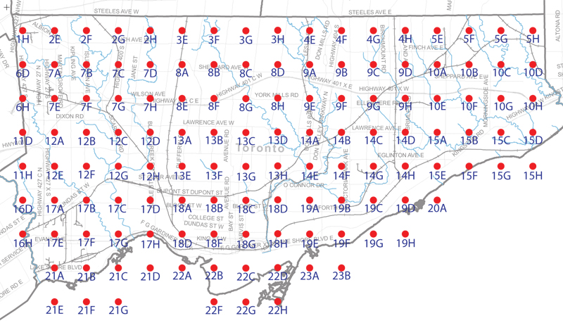 An index map of the City of Toronto bounded by Etobicoke Creek to the west, Steeles Avenue to the north, the Rouge River to the east and Lake Ontario to the south, linking to high-resolution scanned aerial photographs.