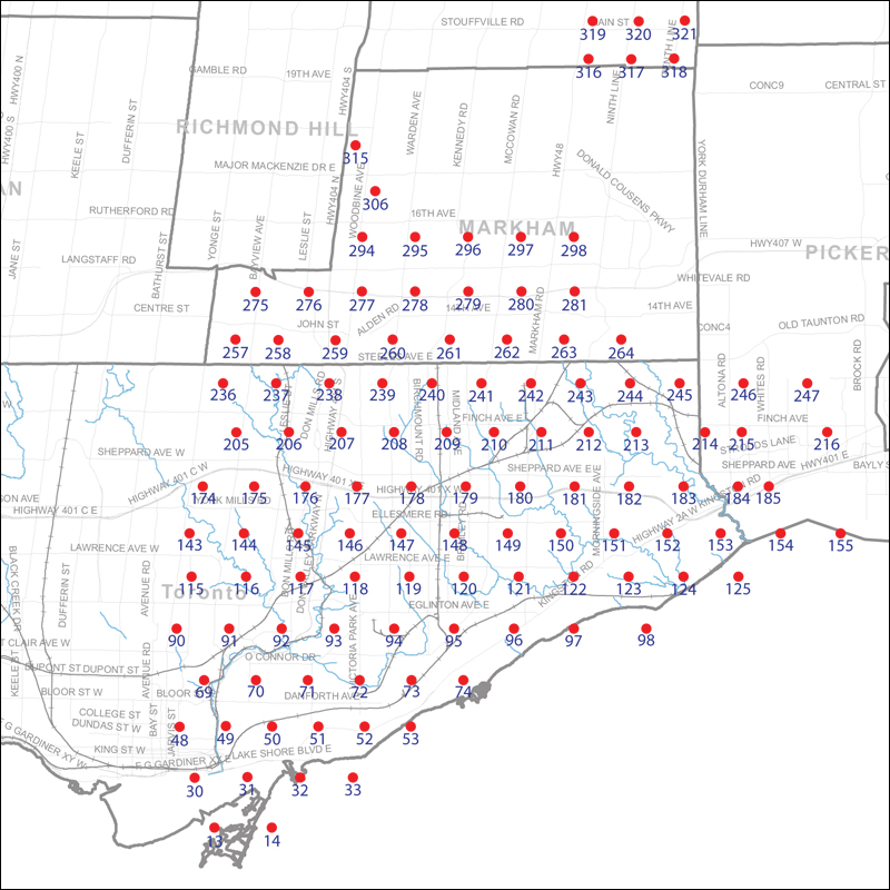 An index map of the area covered by the municipalities of Markham, Pickering, Ajax and Toronto east of Yonge Street, linking to high-resolution scanned aerial photographs.