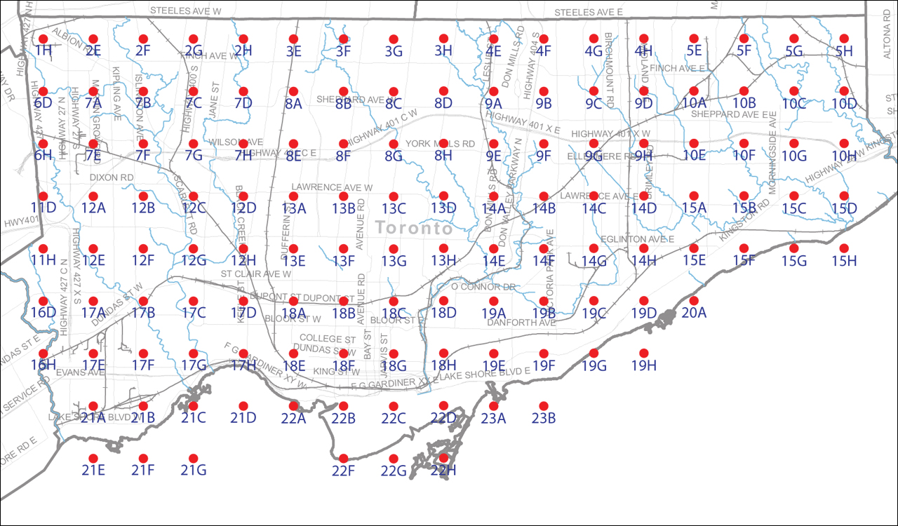 An index map of the City of Toronto bounded by Etobicoke Creek to the west, Steeles Avenue to the north, the Rouge River to the east and Lake Ontario to the south, linking to high-resolution scanned aerial photographs. 