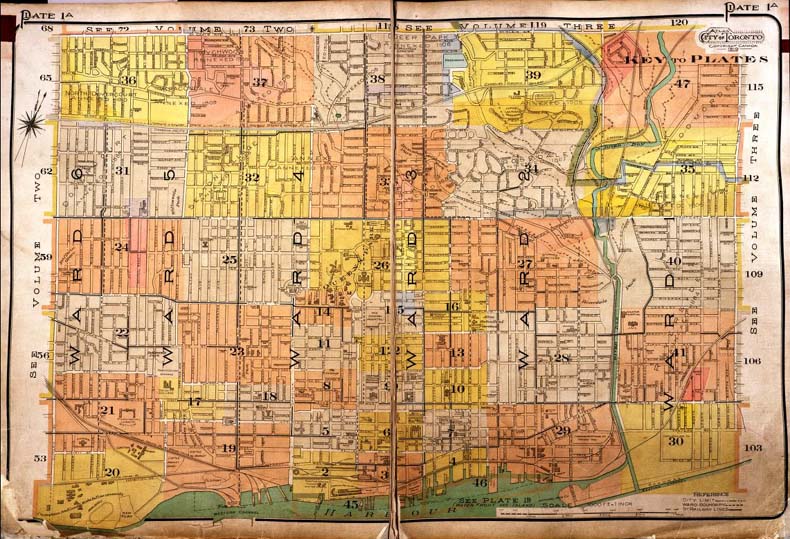 A colour index map of the area bounded by St Clair Avenue to the north, Dufferin Street to the west, Lake Ontario to the south and Leslie Street to the east, linking to high-resolution scanned fire insurance plans.