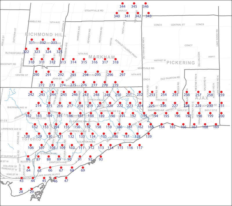 An index map of the area covered by the municipalities of Richmond Hill, Markham, Pickering, Ajax and Toronto east of Yonge Street, linking to high-resolution scanned aerial photographs.